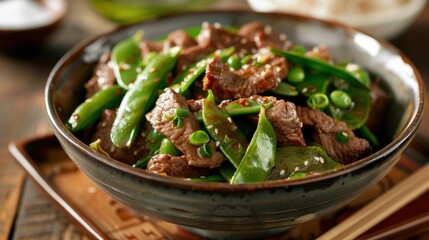 Wall Mural - Savory Beef Stir Fry with Snap Peas in a Bowl. Beef With Snow Peas