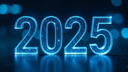 Glowing blue number 2025 on a dark blue backgrount. 2025 happy new year concept