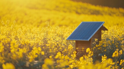 Small wooden building with solar panel generating electricity in rapeseed field