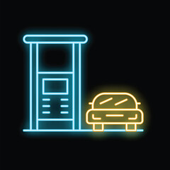 Canvas Print - Glowing neon line electric car charging station icon isolated on black background. Neon concept. Vector