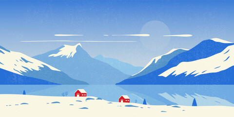 Wall Mural - winter mountain landscape. scandinavian nature background with snow capped peaks, houses and fir tre