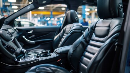 Fototapete - Dedicated workers are engaged in the installation and inspection of car interiors within an automotive factory setting. Generative AI