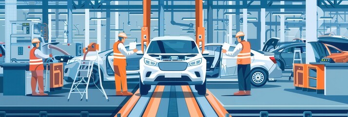 Aufkleber - Workers are engaged in the installation and inspection of car interiors on a bustling factory floor, ensuring quality and efficiency. Generative AI
