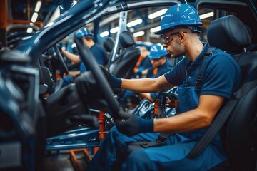 Aufkleber - Several workers are focused on assembling and checking car interiors on the busy factory floor during the daytime. Generative AI