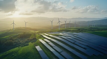 a clean energy landscape featuring solar panels, wind turbines, and green fields, symbolizing decarb