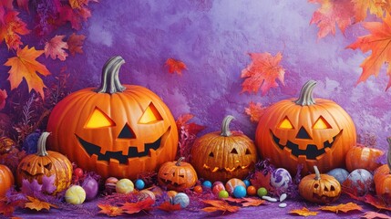 Canvas Print - a vibrant Halloween scene featuring colorful pumpkins and maple leaves against a lilac backdrop with candy and cheerful Jack o lanterns