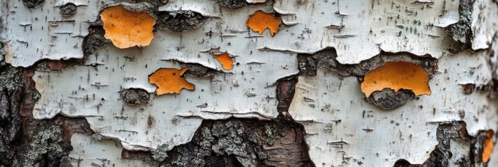 Peeling Birch Bark Detail, close-up view showcasing intricate textures and natural patterns of birch tree bark, emphasizing organic beauty and resilience