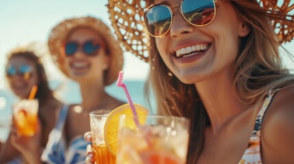 A group of young women having fun at a summer beach with cocktail drinks