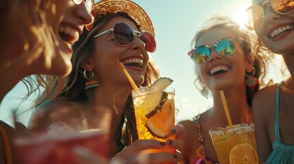 A group of young women enjoying themselves at a summer beach with cocktail drinks