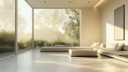 Wide view of a modern minimalist living room with sleek furniture, neutral colors, and large windows letting in natural light