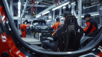 Fototapete - Workers diligently install and inspect car interiors on the busy factory floor while ensuring quality standards are met. Generative AI