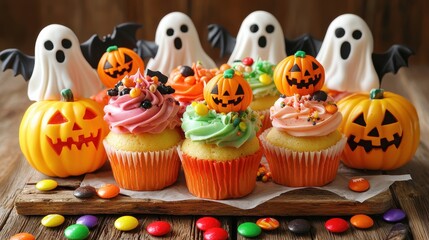 Colorful Halloween Cupcakes with Fun Toppers