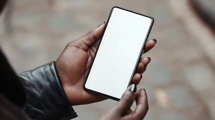 Close up of mature hand holding smartphone with blank screen isolated on while background. Black woman showing empty screen of modern cellphone. Mature hand showing white screen of smart phone