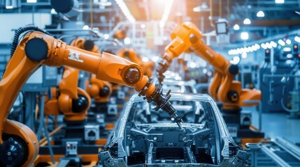 Aufkleber - Robotic arms work meticulously to assemble various parts of a vehicle in a high-tech automotive manufacturing plant. Generative AI