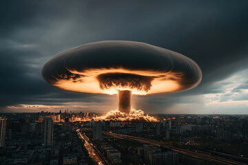 Wall Mural - A massive explosion creates a prominent mushroom cloud over a densely populated urban city during sunset, depicting a catastrophic event.