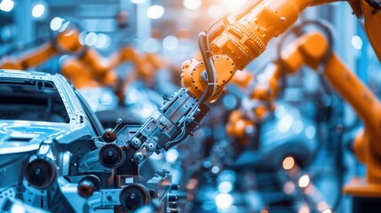 Leinwandbilder - Advanced robotic arms are performing precise assembly tasks on vehicles in a high-tech automotive production environment. Generative AI