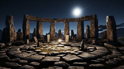 A circular stone formation illuminated by the moon and stars, with a faint glow emanating from the center of the structure, hinting at ancient secrets and forgotten rituals.