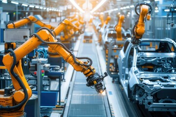 Aufkleber - Precision robotic arms carry out intricate tasks on a car assembly line, enhancing production efficiency and accuracy. Generative AI