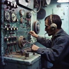 a technician intensely focused on operating complex machinery with dials, gauges, and headphones, em