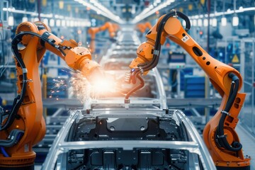 Aufkleber - Robotic arms work meticulously to perform assembly tasks on vehicles in a busy automotive manufacturing facility. Generative AI
