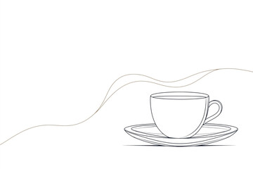 Wall Mural - Minimalist line art illustration of a coffee cup on a saucer with wavy lines in the background on a white backdrop.