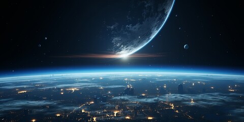 Wall Mural - a celestial landscape with a massive planet emerging over a world with glowing city lights