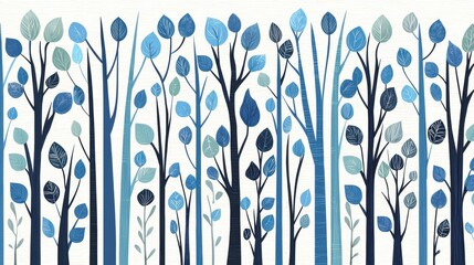 Poster - Blue Forest Pattern with Stylized Trees and Leaves