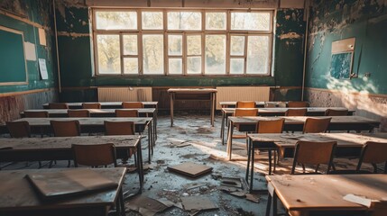 Wall Mural - Abandoned classroom with dusty desks and sunlight