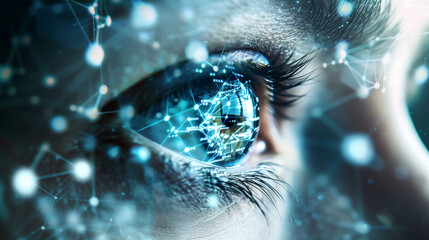 Wall Mural - Futuristic close-up of a human eye with digital network and technology overlay..