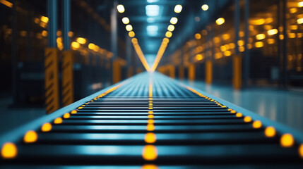 Close-up of a gray metal conveyor belt in a modern warehouse with yellow lighting, blurred background.