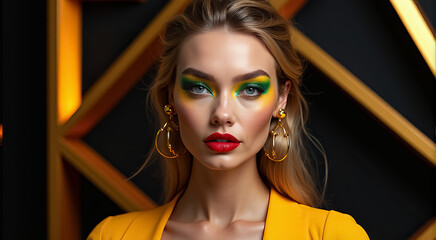 Sticker - A woman with red lips and green eyes stands in front of a green background