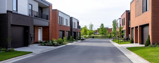 View of low-rise residential buildings in a modern city suburb, featuring two-story houses with trendy exteriors and landscaped workout areas