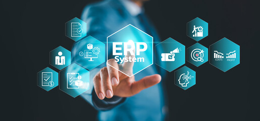 ERP software system for business planning concept.  Enterprise accounting resource network solution. Business people use smartphone with ERP data icon to analyze marketing sale technology in office