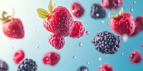 Fresh raspberries and blackberries floating in water droplets against a soft blue background, perfect for healthy food concepts.