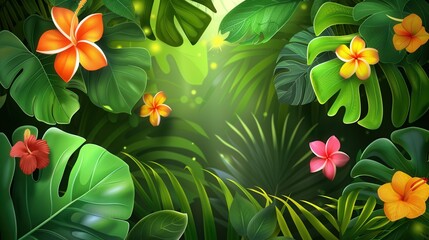Poster - Tropical plants with large green leaves and bright flowers thrive in a peaceful rainforest environment, showcasing nature’s beauty. Generative AI