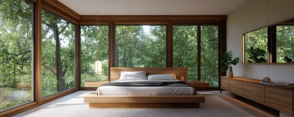 Wall Mural - Modern bedroom with large windows, wood furniture, and serene environment.