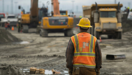 Construction worker manager wearing an orange hi-vis safety vest and yellow hard hat in front of heavy machinery at the site, with trucks and cranes visible in the background. Construction Site