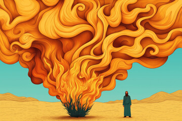 Wall Mural - An artistic depiction of a bearded man in a desert standing near a large burning bush with swirling flames and smoke under a clear blue sky.