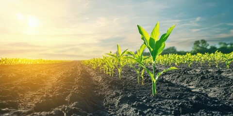 A close-up of a young green plant emerging from rich soil under a bright sunset sky, symbolizing growth and renewal.