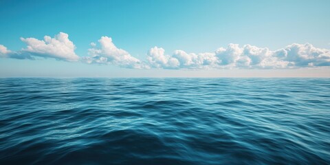 Wall Mural - a serene view of the ocean under a bright blue sky, featuring gentle waves and fluffy clouds, perfec