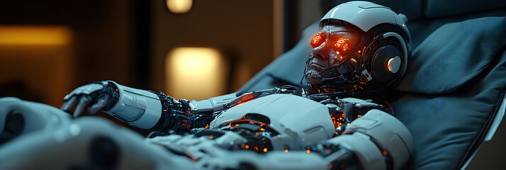 Poster - A highly advanced futuristic or cyborg with a complex robotic arm and various digital screens and interfaces,showcasing the latest in intelligence and high-tech engineering.