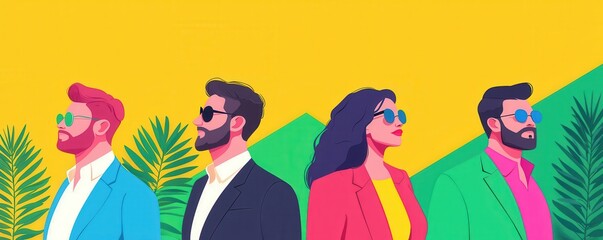 Wall Mural - A vibrant illustration featuring four stylish individuals in sunglasses, posing against a bright yellow backdrop with green foliage.