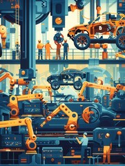 Aufkleber - In a bustling factory, workers operate machinery and robotic arms to manufacture various car components efficiently. Generative AI