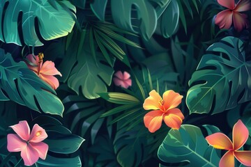 Poster - Lush greenery surrounds bright hibiscus flowers, showcasing a tropical paradise filled with vibrant colors and rich foliage. Generative AI