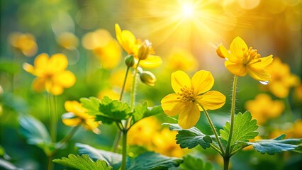 Poster - Sunlight Illuminating a Field of Vibrant Yellow Flowers with Dew Drops Glistening on Their Petals