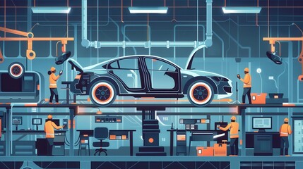 Poster - Team members are focused on installing and inspecting various car interiors in an efficient factory environment. Generative AI