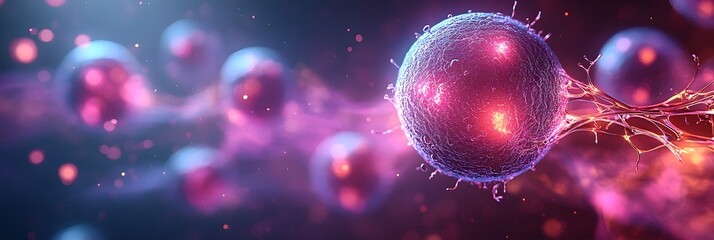 Fototapete - Glowing microscopic cellular structure,molecule,virus,or atom in an abstract digital,futuristic,and scientific background with spherical shapes,light,and energy.