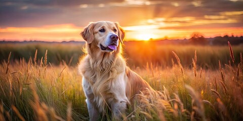 Poster - Golden Retriever basking in the warm glow of a setting sun, surrounded by tall blades of grass, creating a picturesque moment of tranquility.