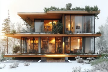 Poster - Modern Wooden House in a Snowy Forest