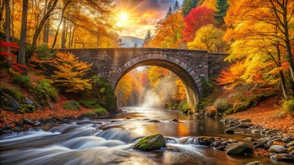 Wall Mural - A stone bridge arches over a tranquil river, the water cascading over rocks and framed by vibrant autumn foliage, as the sun casts a warm glow through the misty trees.